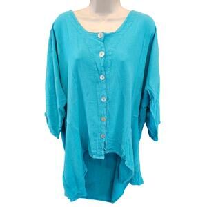 Oh my guaze sz 3? 3X crinkle lagenlook teal long sleeve button up casual comfort